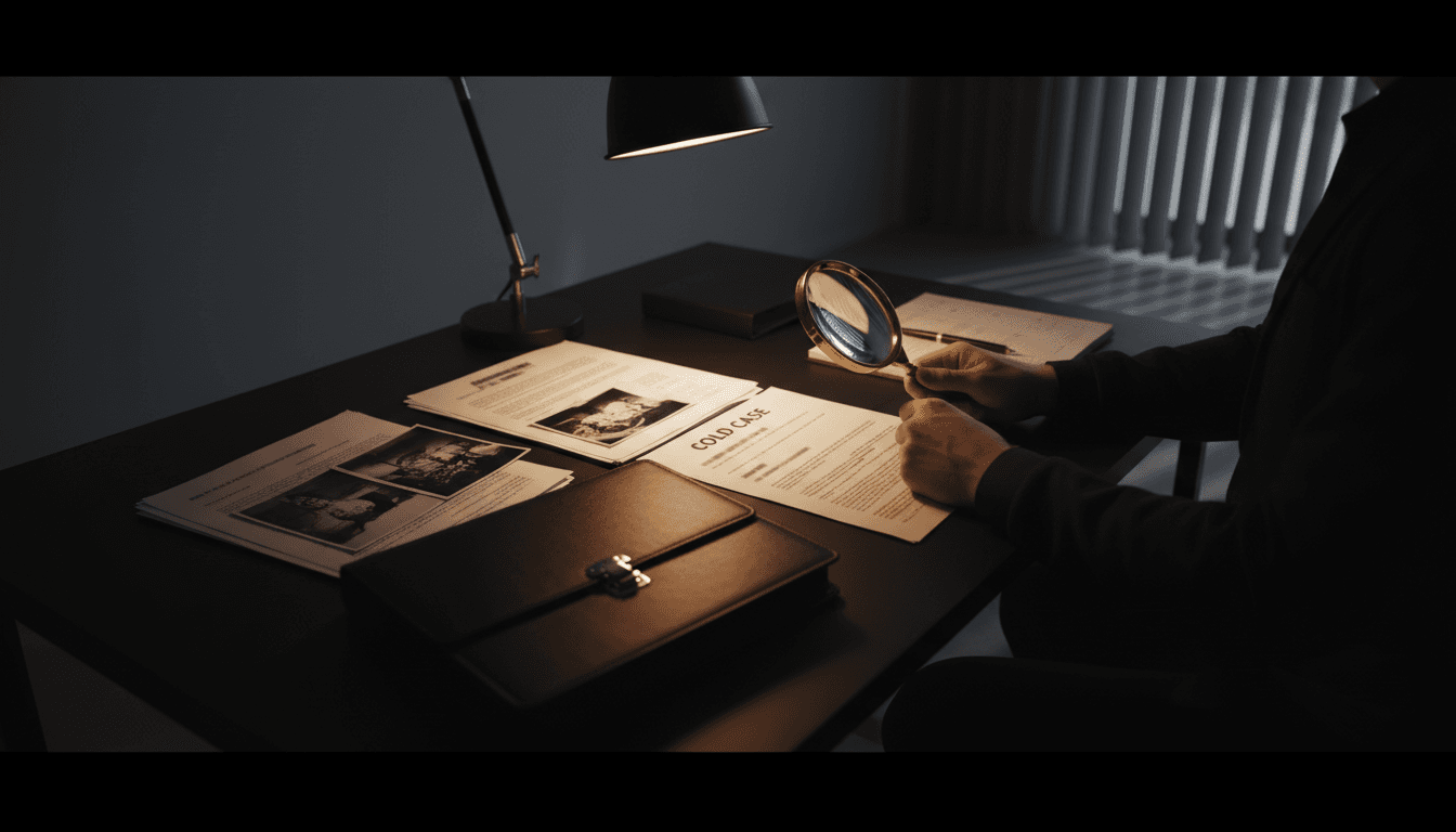 Private investigator reviewing case files and evidence at a desk