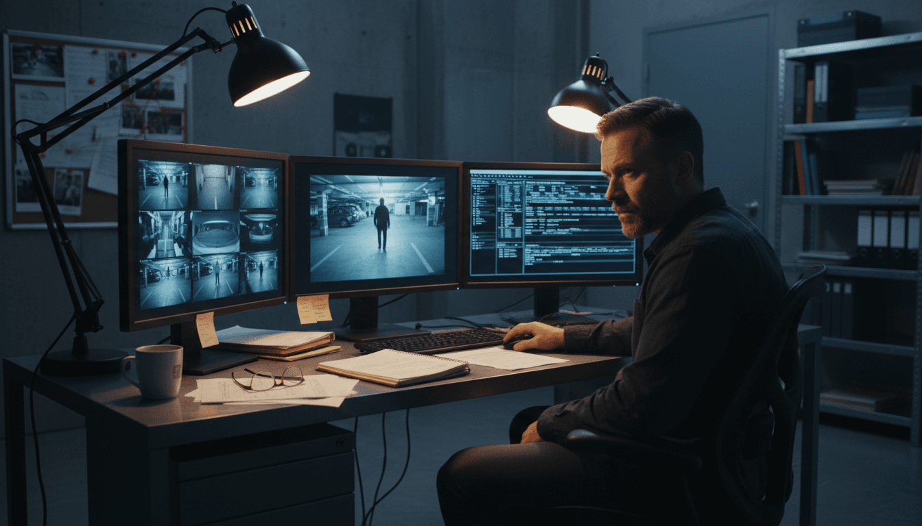 Private investigator reviewing surveillance footage on computer monitors
