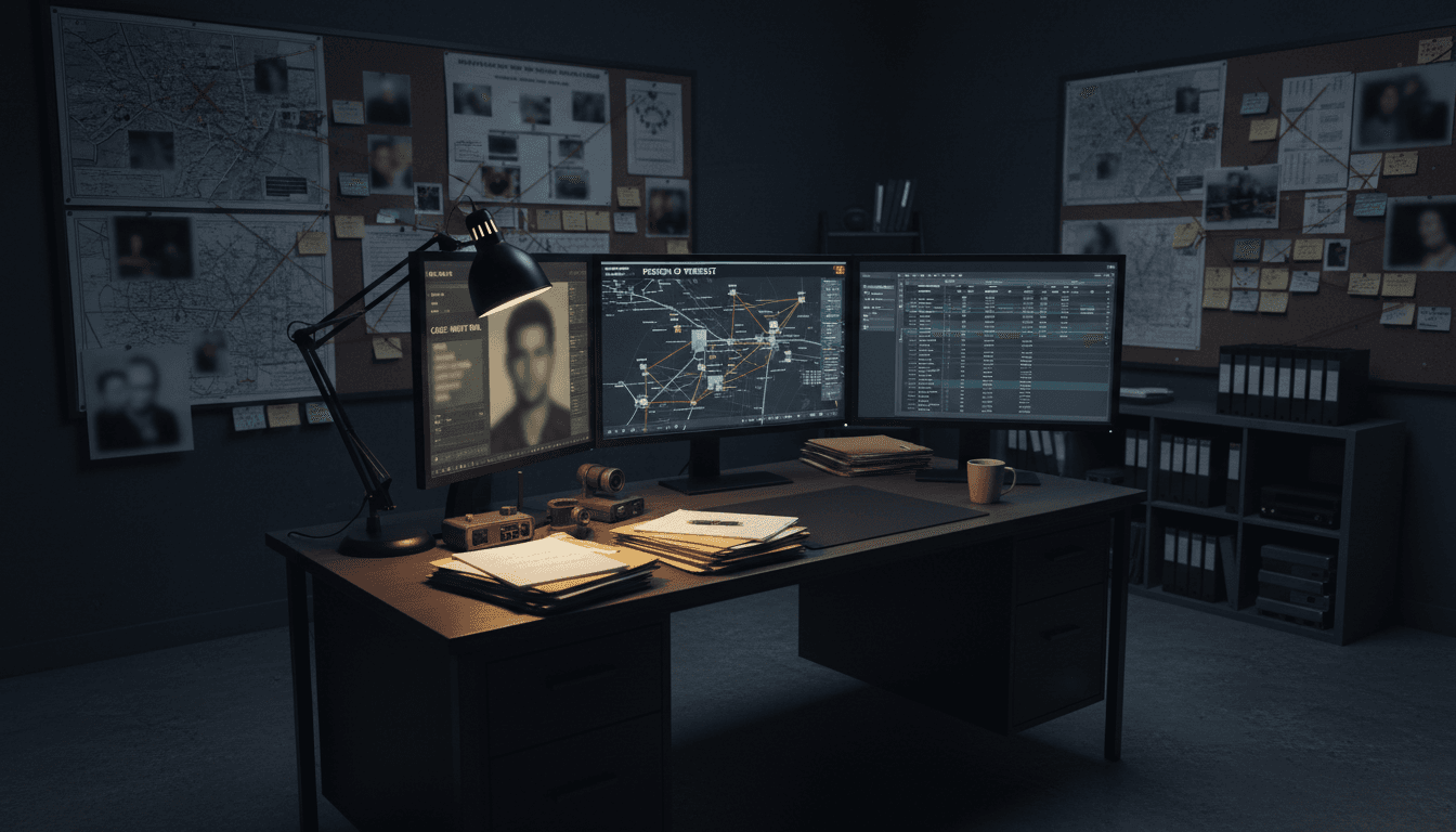 Professional investigator's desk with surveillance monitors and case files