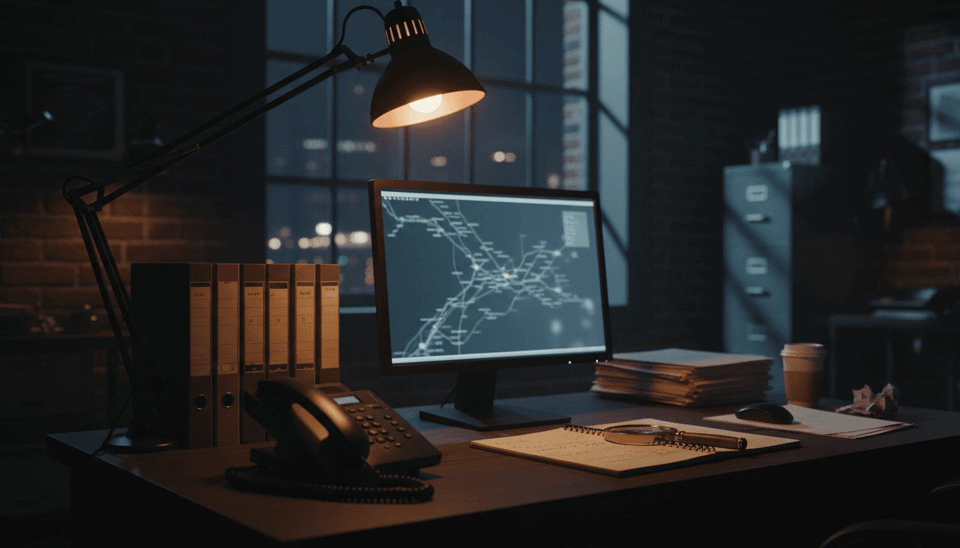 Professional detective workspace with organized case files, computer monitor, and investigation tools at night