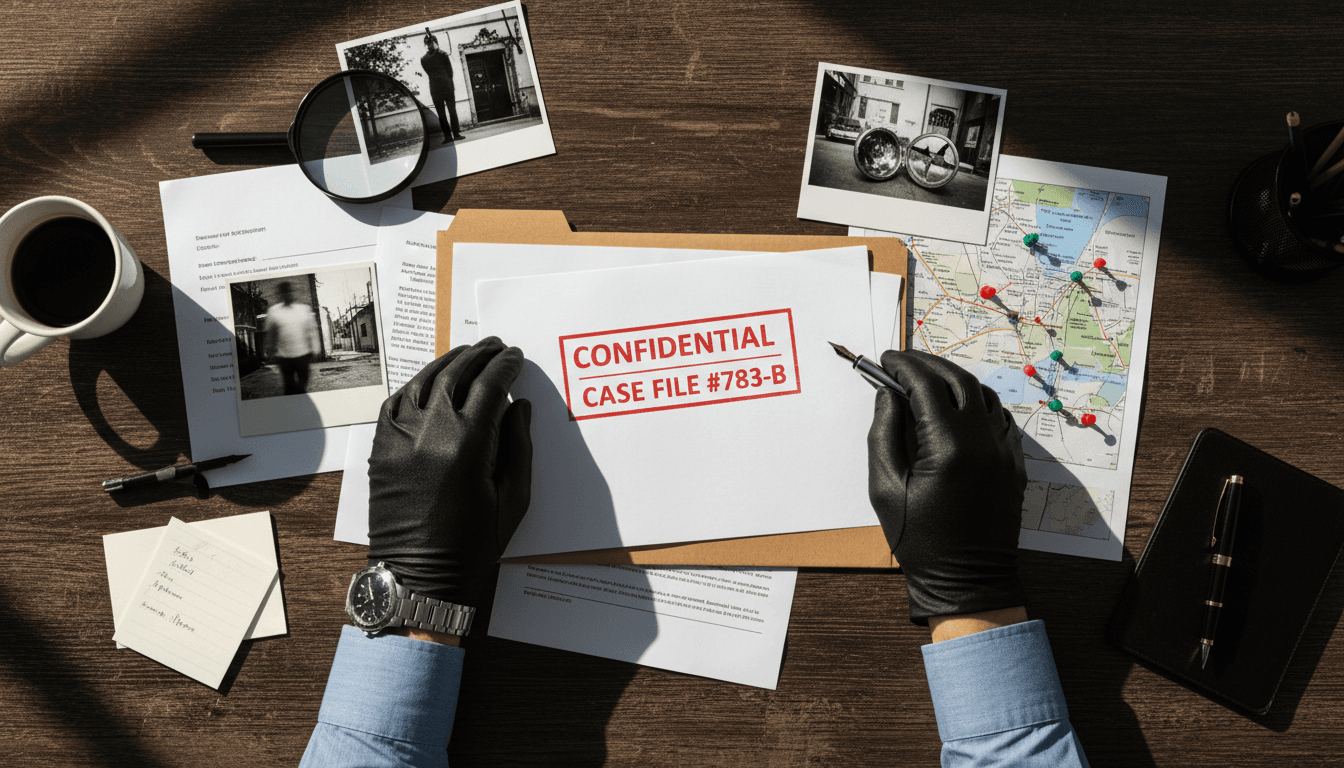 Investigator reviewing case files and evidence materials