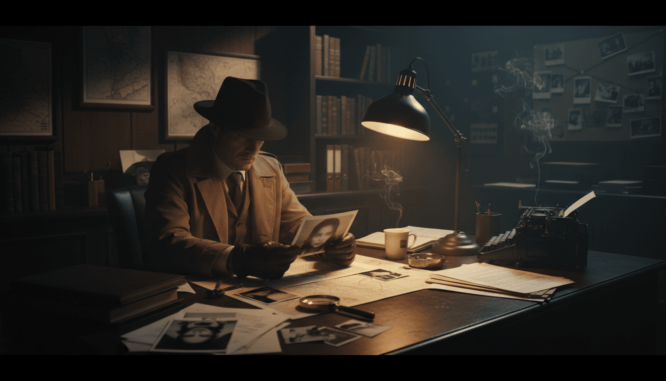 Professional investigator reviewing case files in a focused office setting