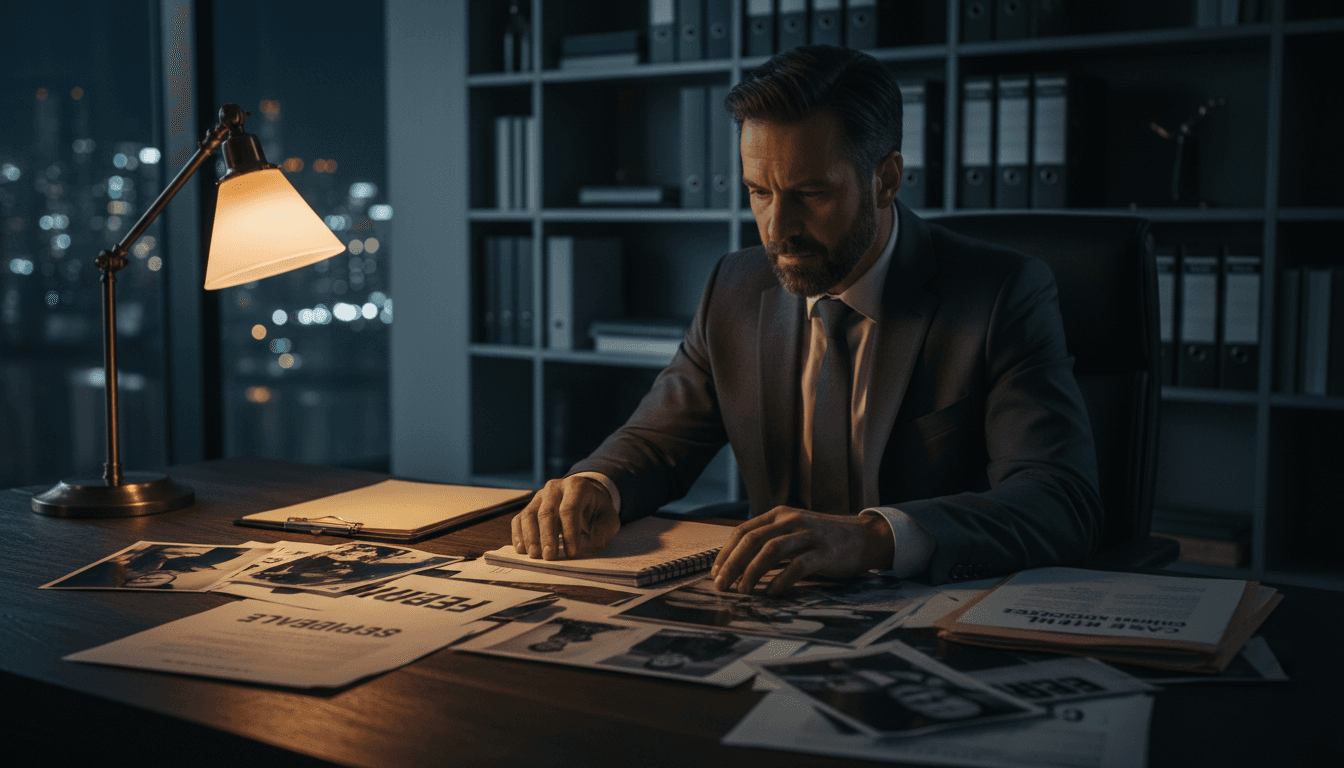 Professional investigator reviewing case files and documents at a desk with focused lighting